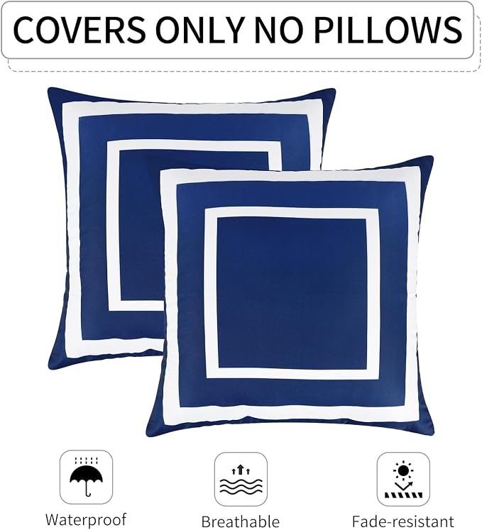 Pyonic Outdoor Waterproof Throw Pillow Covers 18 X 18 Inches Navy Blue and White Geometric Modern Pillow Covers for Patio Garden Porch Set of 2