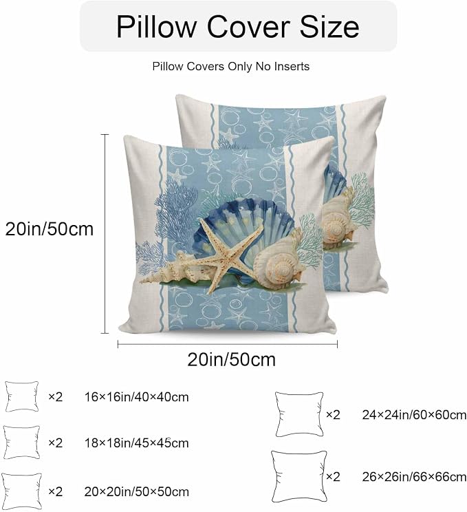 Coastal Oceans Waterproof Outdoor Pillow Covers Set of 2 Home Decor, Summer Beach Corals Shells Starfish Cotton Linen Pillowcase Patio Pillow Covers for Couch Bench Furniture Garden 16x16in