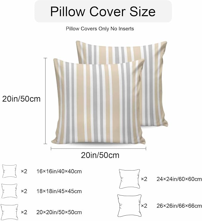 Beige Grey Stripe Outdoor Pillow Covers 16x16 Inch Throw Pillow Covers Set of 2 Waterproof Decorative Pillow Cases Farmhouse Minimalist Striped Cushion Covers for Patio Furniture Garden Couch Sofa
