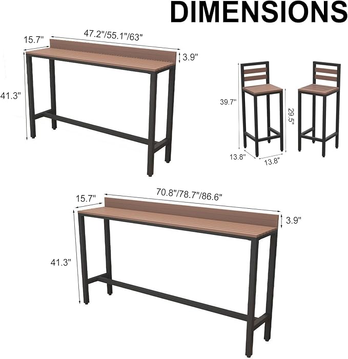 Outdoor Patio Bar Height Table with Baffle, Weather Resistant High Counter Table Porch Pub Tables Wood-Plastic Tabletop, for Poolside Garden Balcony Restaurant Cafe(Black,70.8"x15.7"x40.5")