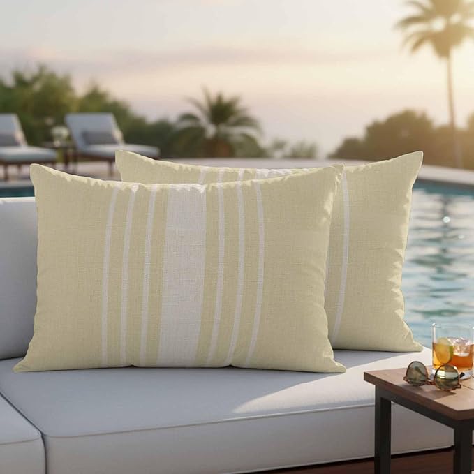 Lumbar Pillow Covers 20x12 Inch Set of 2, Cream Beige Striped Waterproof Outdoor Cushion Covers, Modern Farmhouse Retro Lines Decorative Pillowcases for Couch, Sofa, Bed, Garden, Patio