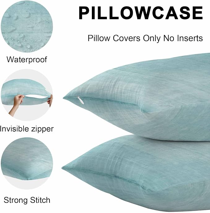 Vandarllin Outdoor Throw Pillows Covers 16x16 inch Set of 2 Waterproof Aqua Linen Decorative Zippered Cushion Covers for Patio Furniture, Solid Color Texture Lumbar Pillowcases