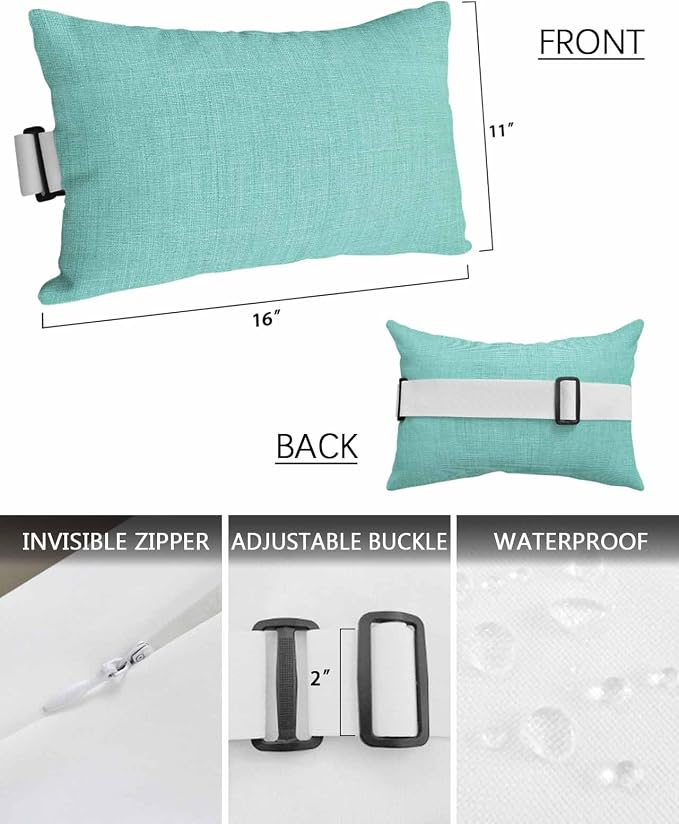 Outdoor Pillow for Chaise Lounge Chair Teal Green Rustic Vintage Burlap Texture Outdoor Pillows Waterproof with Adjustable Strap Headrest Lumbar Pillows for Garden Patio Furniture 1 Pack 11" x 16"