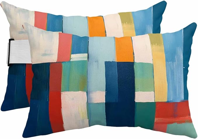 Blue Green Red Outdoor Chaise Lounge Head Pillow with Insert,Vintage Abstract Colorful Block Art Waterproof Headrest Lumbar Pillow Cusion Cover with Elastic Strap for Patio Recliner,12"x20" 2PCS