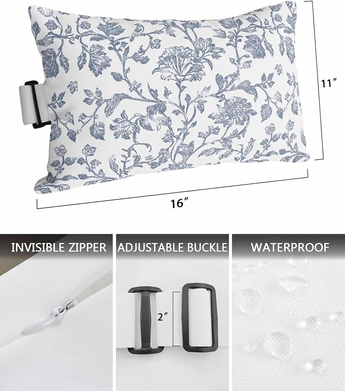Pack of 4 Outdoor Lumbar Pillow Covers 11x16 Inch, Blue Flower Waterproof Throw Pillow Covers Set, Vintage Farmhouse Boho Leaf Spring Summer Indoor&Outdoor Cushion Cases for Patio Porch Beach