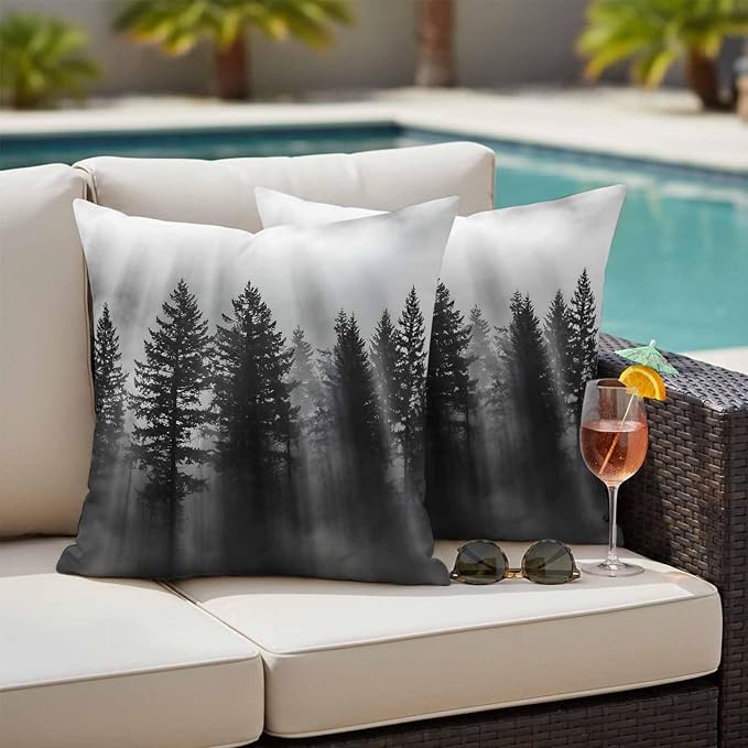 Black Forest Mist Scenery Outdoor Pillow Covers 24"x24" Set of 2, Nature Pine Trees Sunbeams Modern Waterproof Throw Pillow Covers for Patio Furniture, Decorative Cushion Covers for Porch