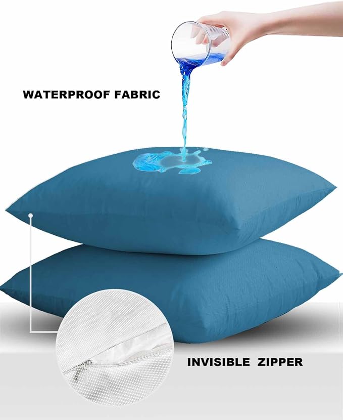 Outdoor Waterproof Throw Pillow Covers Set of 2 Wave Ride Blue Pillowcases 16x16 Inches Solid Color Patio Decorative Pillows Cushion Case Patio Pillows for Couch Bed Chair Garden