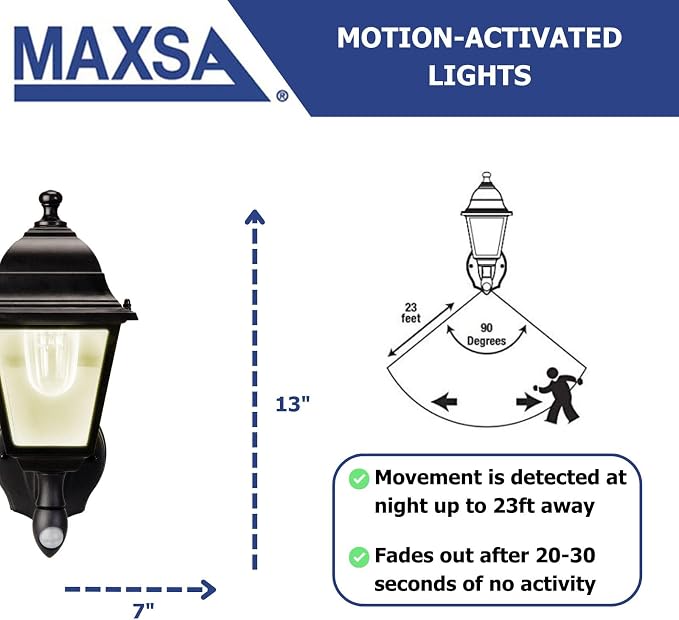 MAXSA 43319-RS Battery-Run Motion-Activated Outdoor Metal Sconce Black | Metal and Glass Battery-Powered No Wiring, 13x8.5x6" Motion Operated, Screw into Wall, Black Warm White LEDs Amazon Exclusive