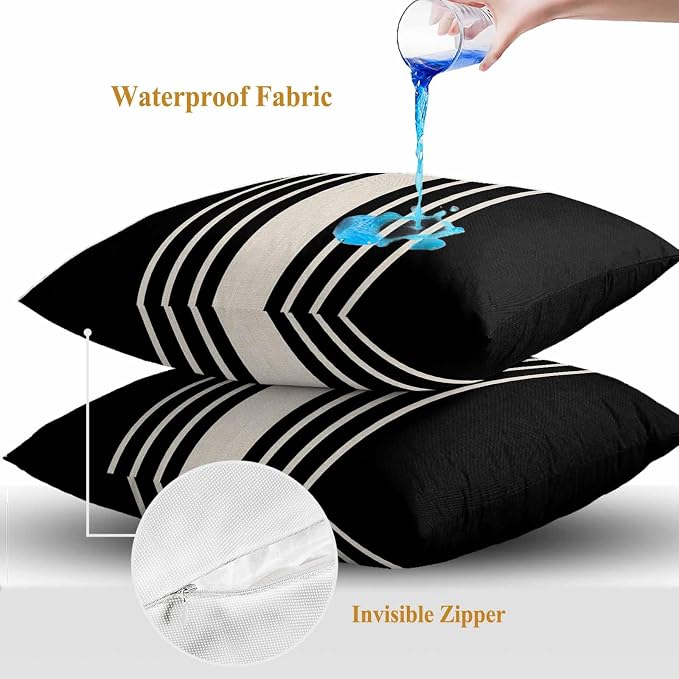 Throw Pillow Covers 20x20 Inch Set of 2, Black Beige Striped Waterproof Outdoor Cushion Covers, Modern Farmhouse Retro Lines Decorative Pillowcases for Couch, Sofa, Bed, Garden, Patio