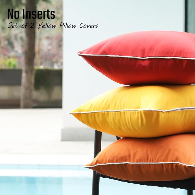 JOJOGOGO Mustard Yellow Waterproof Sun Fade Resistant Lumbar Pillow Covers 12x20 Set of 2, Bright Yellow Summer Outdoor Decorative Pillows 20 x 12 for Patio Furniture (with White Piping)