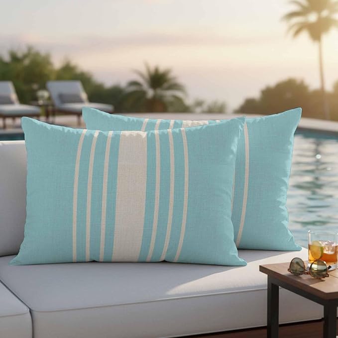 Lumbar Pillow Covers 20x12 Inch Set of 2, Aqua Beige Striped Waterproof Outdoor Cushion Covers, Modern Farmhouse Retro Lines Decorative Pillowcases for Couch, Sofa, Bed, Garden, Patio