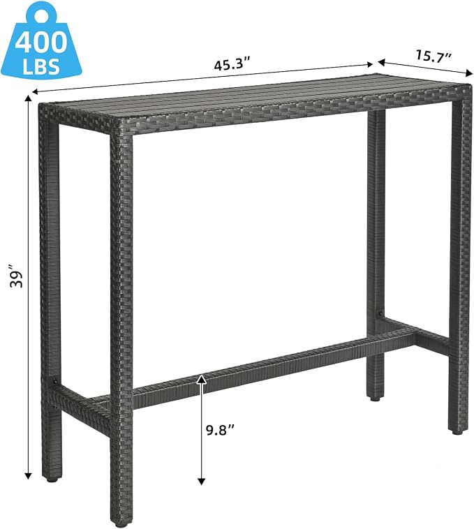 Outdoor Bar Table, Outdoor Console Table for Patio 45" Long Bar Height Table Hot Tub Tall Tables Wicker High Top Pub Serving Tables Narrow Sofa Sideboard Black