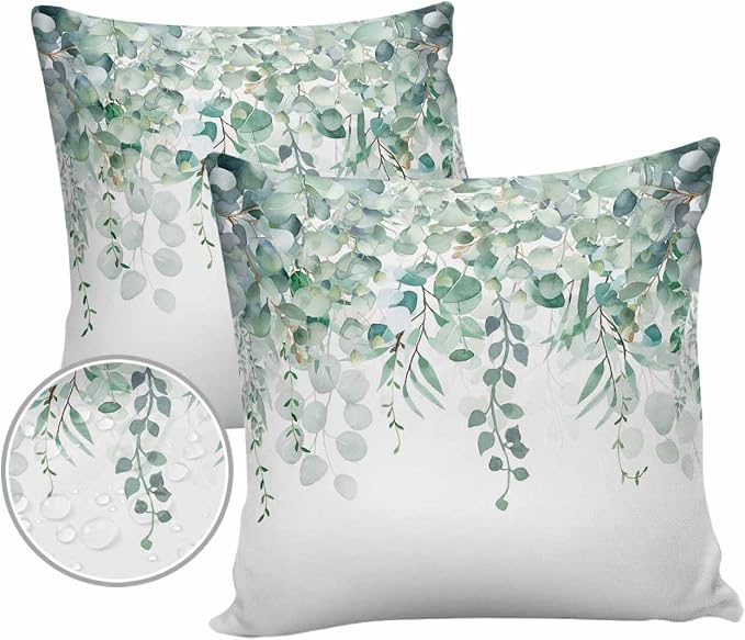 Eucalyptus Leaves Outdoor Pillow Covers Pack of 2, Watercolor Green Plants Waterproof Pillow Covers Seasonal Spring Summer Throw Pillowcase for Patio Funiture Garden Tent, 16 x 16 inch