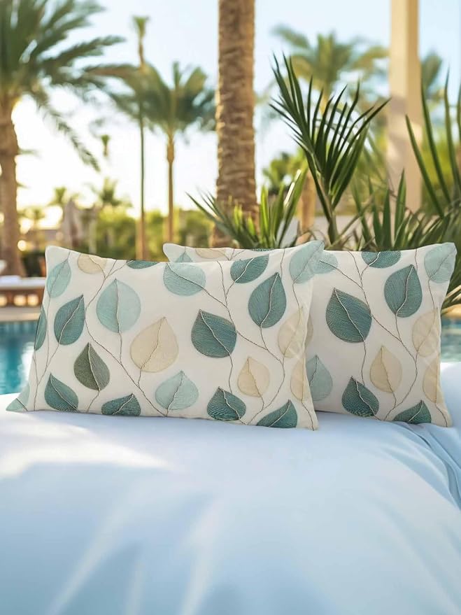 Outdoor Waterproof Throw Pillows Farmhouse Teal Green Leaf Patio Pillows Pack of 2,Decorative Pillow Covers with Insert,Pillow Cushion Case for Garden Couch Sofa Vintage Watercolor Leaves