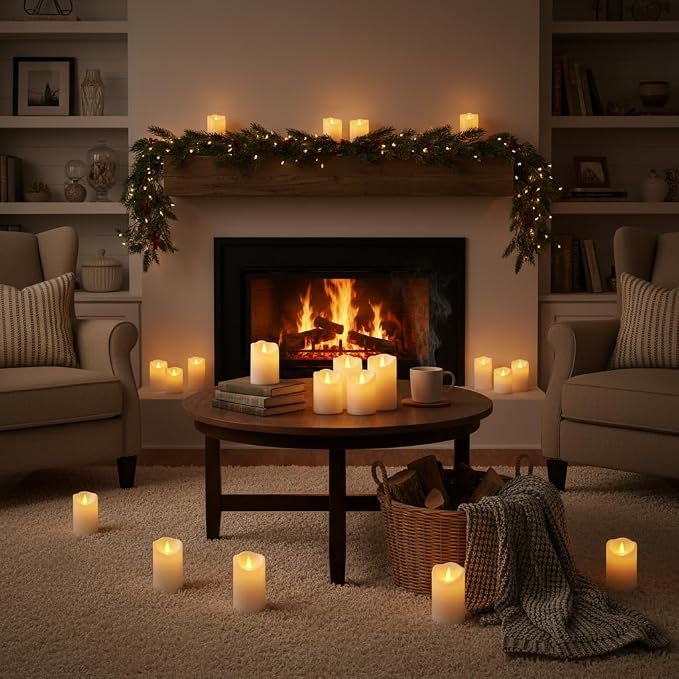 Flameless Candles Set of 6 Plastic Pillars with Cozy Climbing Flame Ambient Effect Waterproof Outdoor Battery Operated Candles with 2 Remotes & Timer for Patio Garden & Home Decor (White)