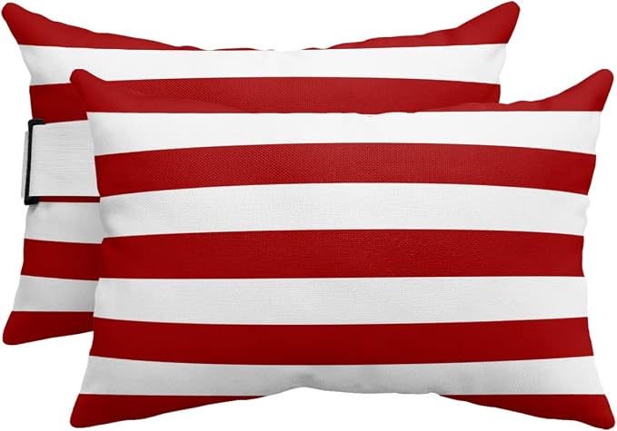 T&H XHome Outdoor Pillow for Chaise Lounge Chair, Red and White Stripe Waterproof Headrest Pillow Lumbar Pillows with Adjustable Elastic Strap for Beach, Poolside, Patio, Office (2 Pack)