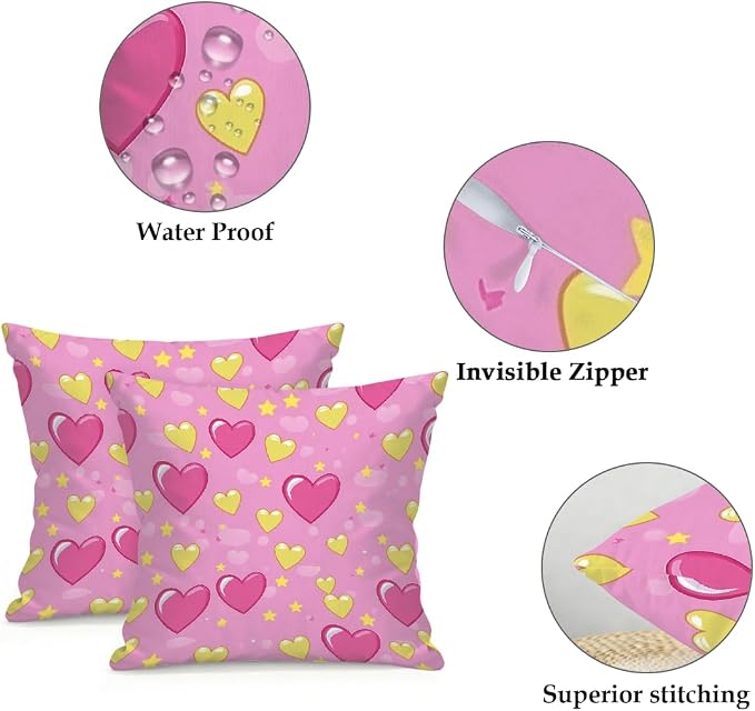 22x22 Inch Outdoor Pillow Covers Set of 2 Waterproof Throw Pillow Covers Decorative Couch Cushion Covers Pink Hearts Yellow Star Square Pillowcases Protectors for Patio Garden Sofa