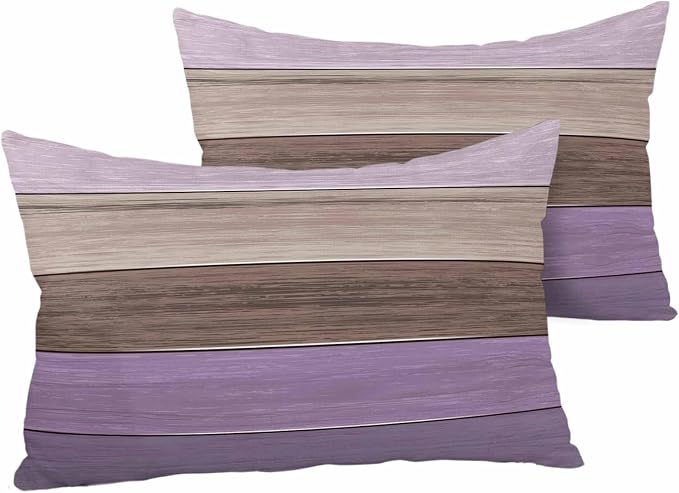 Outdoor Throw Pillow Covers 12X20 Set of 2 Waterproof Ombre Lavender Purple Brown Decorative Zippered Cushion Covers for Patio Furniture, Farmhouse Retro Rustic Barn Wood Texture Lumbar Pillowcases