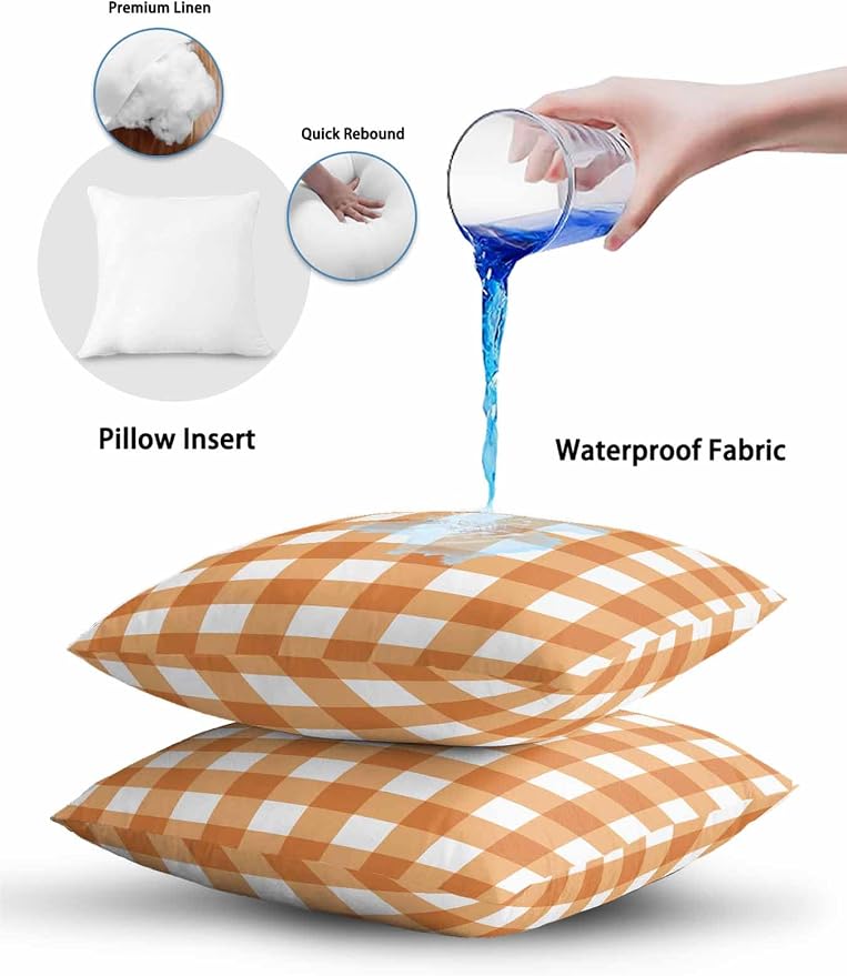 Waterproof Outdoor Pillow Set of 2 Orange Buffalo Plaid Decorative Throw Pillows Cover & Insert 20x12 Inch Lumbar Pillowcase Check Lines Pillows for Couch Sofa Bed Patio Furniture Indoor Outdoor