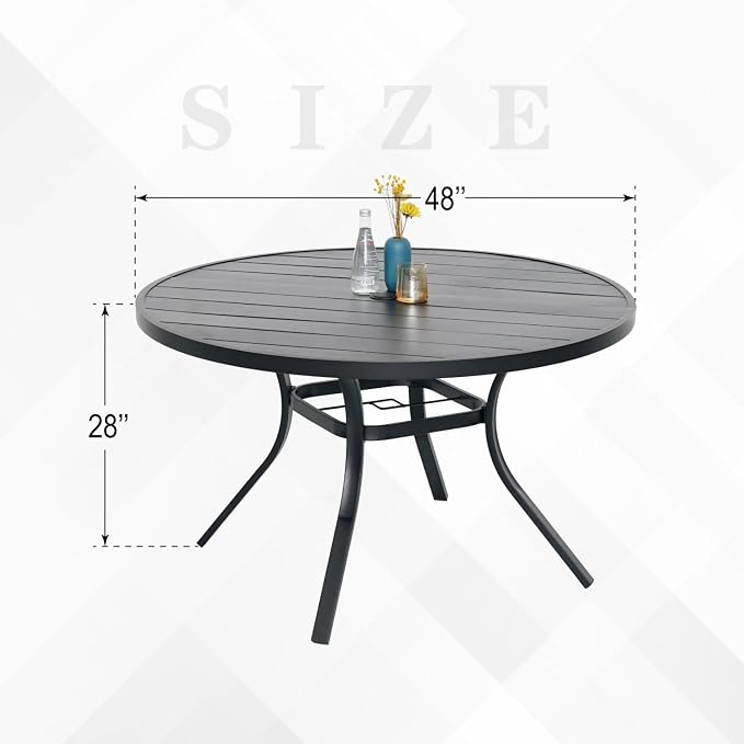 Patio Dining Table for 4,Steel Slatted Round Outdoor Table with Adjustable Umbrella Hole,48",Black
