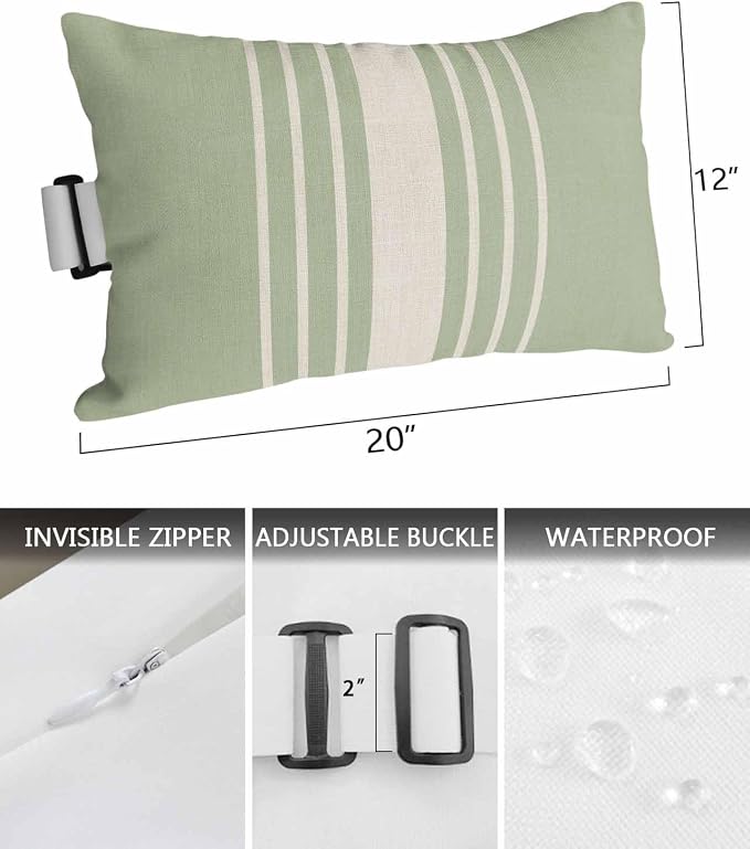 Pack of 4 Outdoor Lumbar Pillow Covers 12x20 Inch, Sage Green Beige Striped Waterproof Throw Pillow Covers Set, Modern Farmhouse Retro Lines Indoor&Outdoor Cushion Cases for Patio Porch Beach