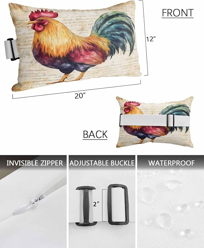 Pack of 2 Outdoor Lumbar Cushions with Inserts, Vintage Rooster Farm Animal Waterproof Fluffy Fade Body Pillows, Patio Furniture Pillow for Home Balcony Garden Decor 12x20IN