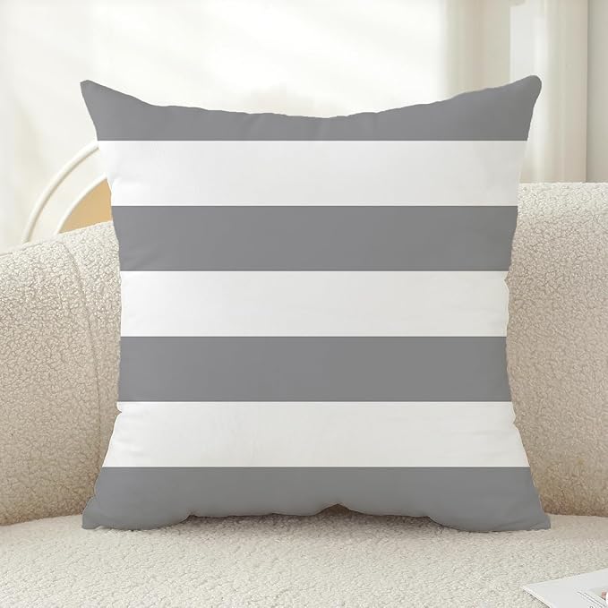TAOSON Silver Grey Striped Outdoor Throw Pillow Covers 18x18 Inch,Set of 4 | White Striped Waterproof Decorative Cushion Cases for Patio, Garden, Balcony & Couch