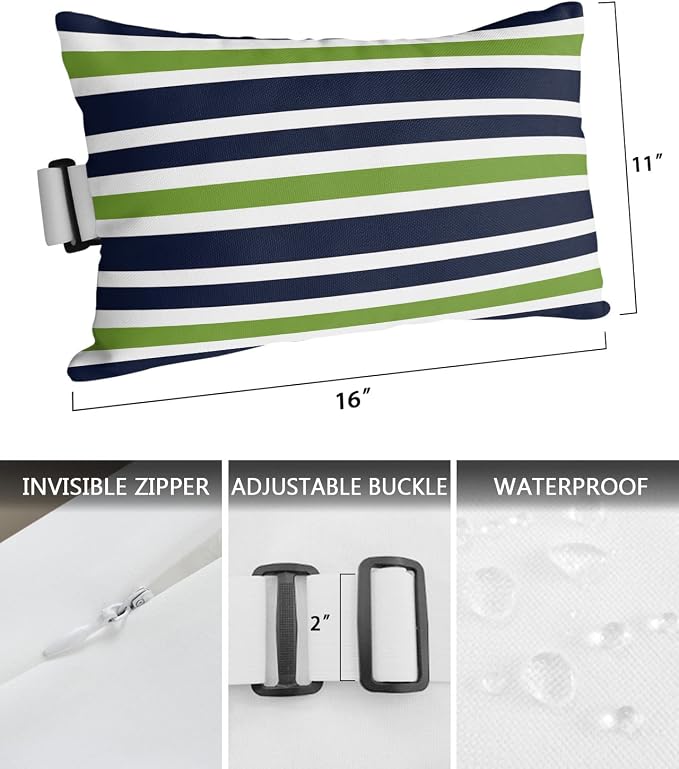 Blue Green Stripe Outdoor Pillows with Insert Green and White Geometric Waterproof Patio Pillows with Adjustable Strap Rectangle Head Recliner Lounger Chair Throw for Patio Furnitures, 2 Pack