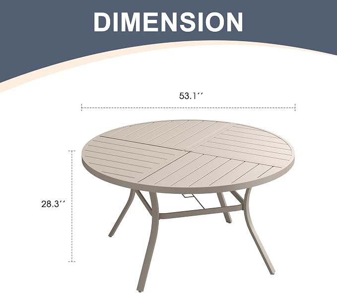 VICLLAX 53" Round Patio Dining Table for 6-8, All Weather Metal Outdoor Table with 1.57" Umbrella Hole and Surdy Frame for Garden Lawn Deck, Sandshell