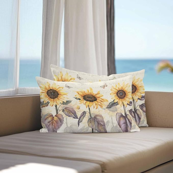 Sunflower Outdoor Pillow Covers Pack of 2, Retro Sunflower Floral Butterfly Waterproof Pillow Covers Seasonal Spring Summer Throw Pillowcase for Patio Funiture Garden Tent, 12 x 20 inch