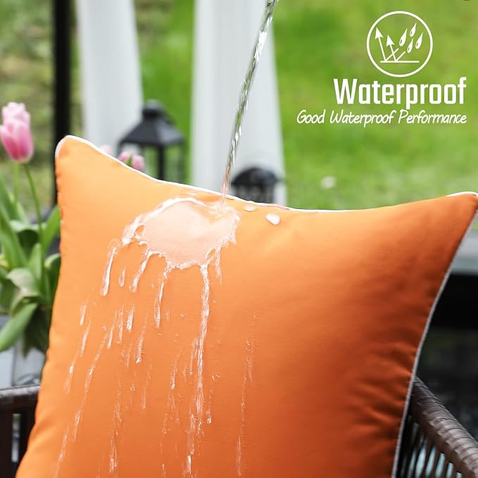 JOJOGOGO Burnt Orange Outdoor Lumbar Pillow Covers 12x20 Waterproof Set of 2, Orange Fall Outdoor Sunproof Pillows Porch Decor Pillows 12 x 20 for Patio Furniture and Couch (with White Piping)