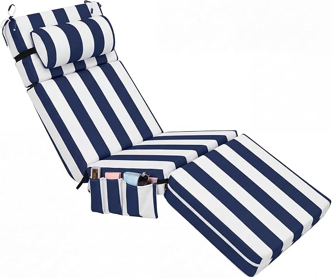 RattanView 1 Pcs Outdoor Chaise Lounge Cushion with Pillow and Side Pockets Waterproof Lounge Chair Cushion for Outdoor Furniture Patio Lounger Pad for Outside Pool Lawn (Navy Blue White,72 x 21 x 4)