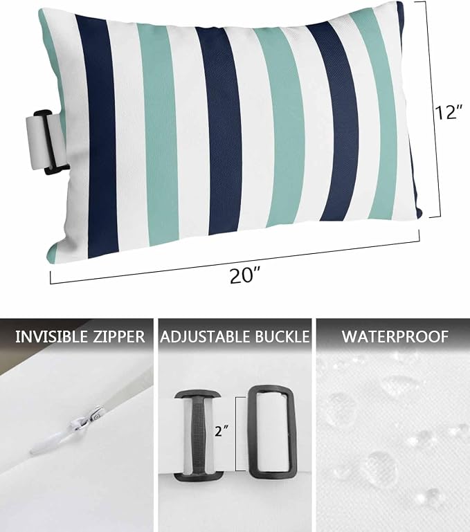 Pack of 2 Outdoor Lumbar Pillow Covers 12x20 Inch, Turquoise Navy Blue Striped Waterproof Throw Pillow Covers Set, Farmhouse Stripe Art Indoor&Outdoor Decorative Cushion Cases for Patio Porch Beach
