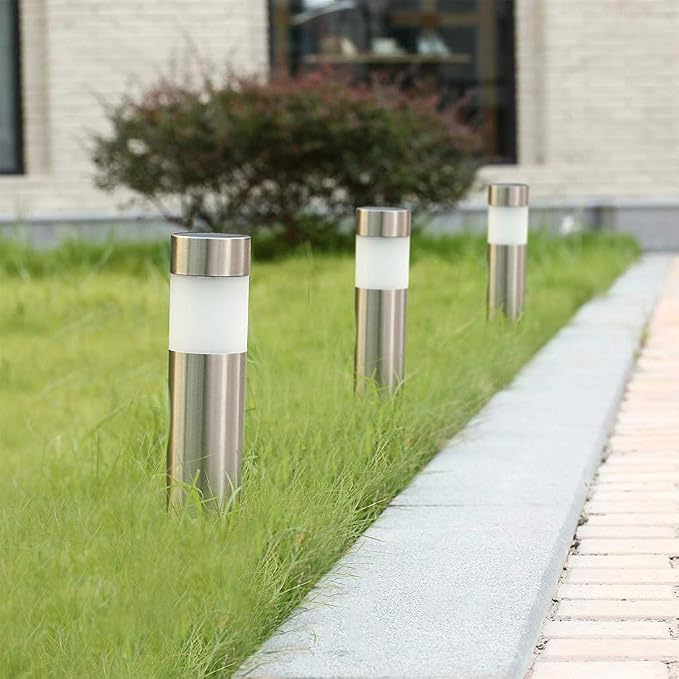 SUNWIND Solar Bollard Lights Outdoor - 6 Pack Stainless Steel Warm White LED Landscape Lights Waterproof Decorative Lighting for Backyard Lawn Patio