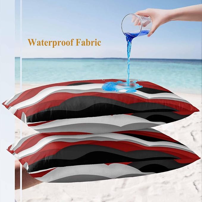 Ocean Waves Outdoor Waterproof Throw Pillow Covers Set of 2, 20"x12", Black Red Wave Gradient Decorative Pillow Covers Outside Cushion Case for Patio Porch Garden