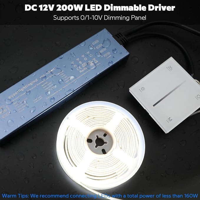 12VDC 200W 0/1-10V&TRIAC Dimmable UL-Listed Waterproof IP67 Thinner Power Supply 110V to 12V Low Voltage Transformer Adapter for IP68 LED Strip Lights, Outdoor Underwater, Wash Wall, Fountain Lights