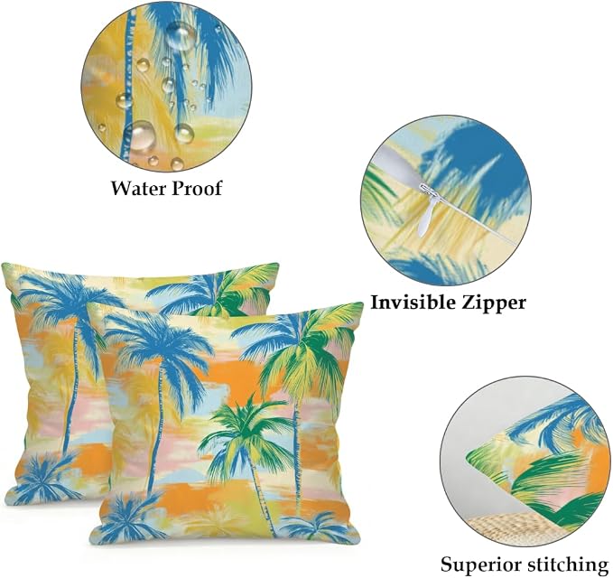 Waterproof Outdoor Pillow Covers Patio Throw Pillow Cases 18x18 PalmTrees | Decorative Throw Pillows Patio Cushion Covers Set of 2, Outdoor Pillow Inserts Cover for Couch Chair