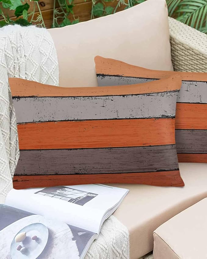 Outdoor Throw Pillow Covers 12X20 Set of 2 Waterproof Ombre Burnt Orange Gray Decorative Zippered Cushion Covers for Patio Furniture, Farmhouse Retro Rustic Barn Wood Texture Lumbar Pillowcases