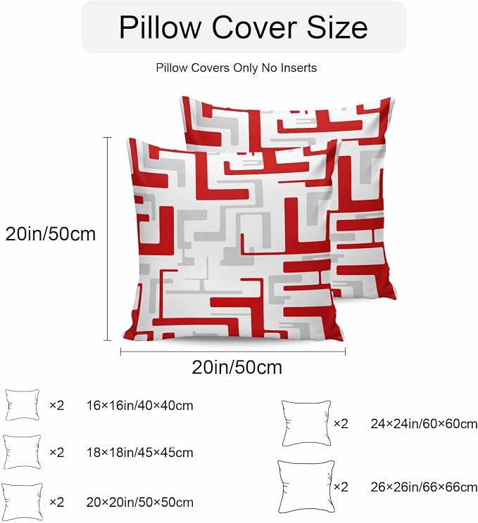Vandarllin Outdoor Throw Pillows Covers 16x16 inch Set of 2 Waterproof Red Geometric Stripes Decorative Zippered Cushion Covers for Patio Furniture, Modern Abstract Lines Lumbar Pillowcases