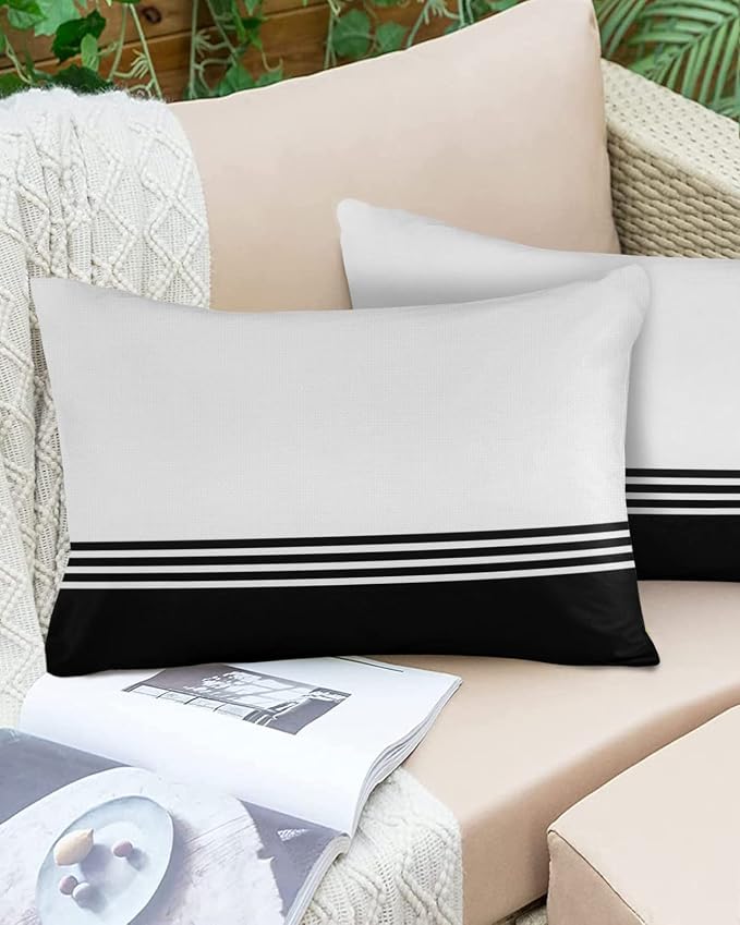 Lumbar Pillow Covers 20x12 Inch Set of 2, Black White Striped Waterproof Outdoor Cushion Covers, Modern Abstract Art Aesthetics Decorative Pillowcases for Couch, Sofa, Bed, Garden, Patio