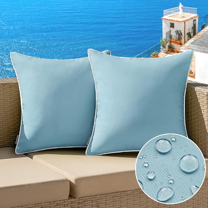 MIULEE Outdoor Waterproof Pillow Covers 18x18 Blue Pack of 2 | Decorative Farmhouse Throw Pillow Covers with Piping,Square Solid Color,Patio Furniture,Summer Couch Tent Sofa Living Room