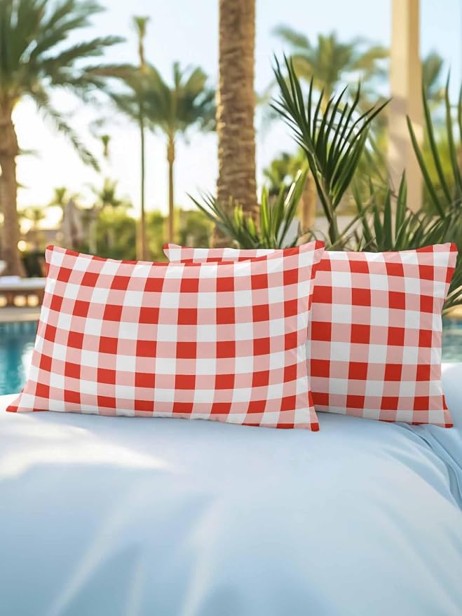 Waterproof Outdoor Pillow Set of 2 Red Buffalo Plaid Decorative Throw Pillows Cover & Insert 20x12 Inch Lumbar Pillowcase Check Lines Pillows for Couch Sofa Bed Patio Furniture Indoor Outdoor