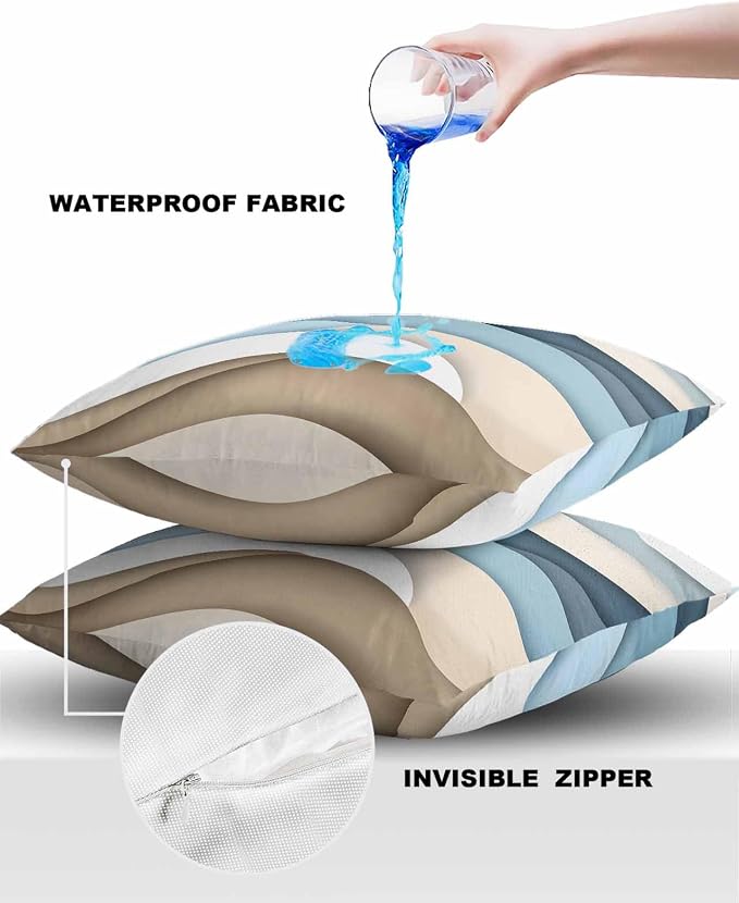 Pack of 2 Blue Brown Abstract Outdoor Pillow Waterproof Covers 18x18 inch, Gradient Water Ripple Polyester Throw Pillow Covers Garden Cushion Decorative Case for Patio Couch Decoration