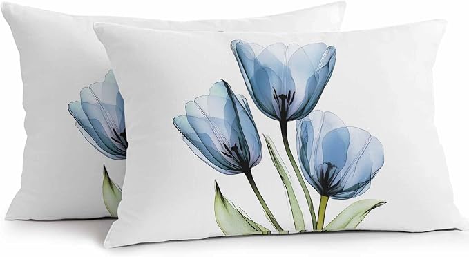 Rustic Blue Tulip Outdoor Pillow Covers 20x12in Pack of 2 Waterproof Pillowcase Watercolor Farmhouse Flower Decorative Throw Cushion Case for Patio Couch Sofa