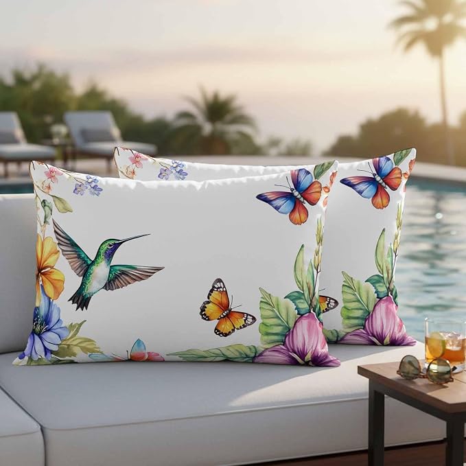 Spring Flowers Bird Outdoor Waterproof Throw Pillow Covers Set of 2, 20"x12", Hummingbird Butterfly Rustic Decorative Pillow Covers Outside Cushion Case for Patio Porch Garden
