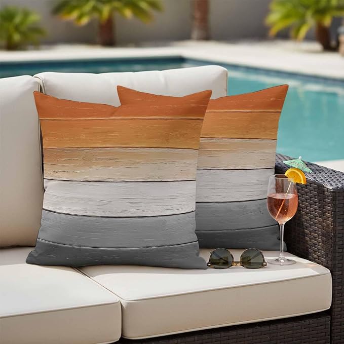 Orange Gray Outdoor Pillow Covers 20x20 Inch Throw Pillow Covers Set of 2 Waterproof Decorative Pillow Cases Farmhouse Retro Gradient Wooden Grain Cushion Covers for Patio Furniture Garden Couch Sofa