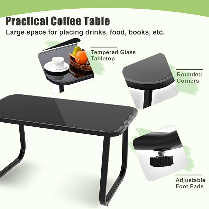 HAPPYGRILL 4 Pieces Patio Rocking Furniture Set with Loveseat, 2 Rocking Chairs & Glass-Top Coffee Table, Outdoor Porch Rocker Chair Conversation Set for Balcony, Poolside, Garden, Backyard (Black)