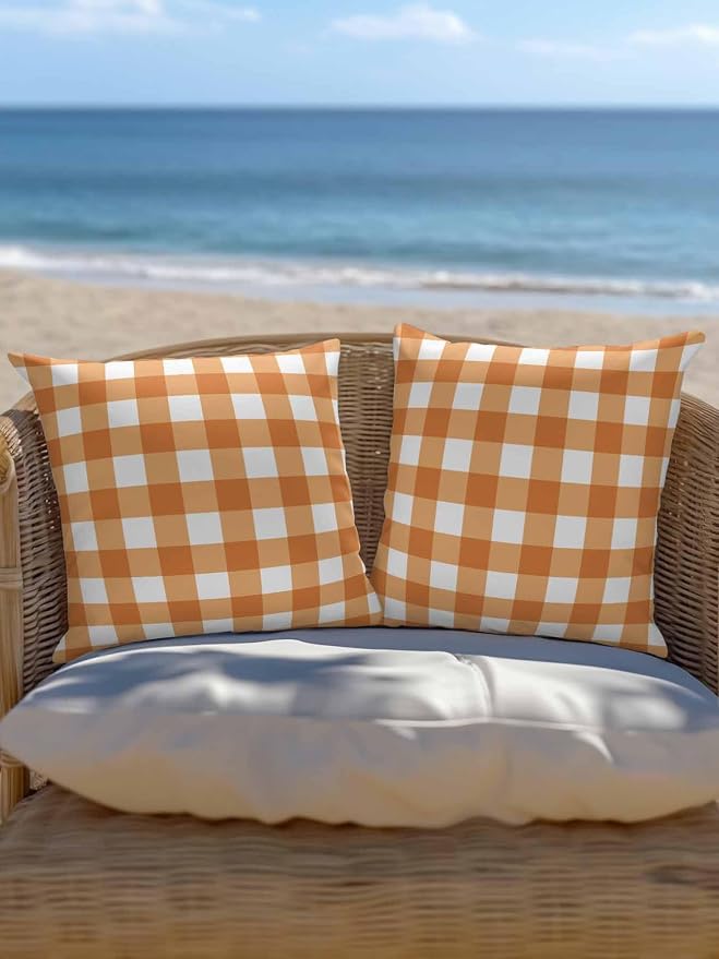 Waterproof Outdoor Pillow Set of 2 Orange Buffalo Plaid Decorative Throw Pillows Cover & Insert 18x18 Inch Pillowcase Check Lines Square Pillows for Couch Sofa Bed Patio Furniture Indoor Outdoor