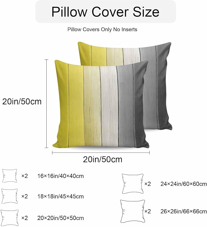 Throw Pillow Covers 16x16 Inch Set of 2, Yellow Gray Ombre Waterproof Outdoor Cushion Covers, Vintage Country Wooden Decorative Pillowcases for Couch, Sofa, Bed, Garden, Patio