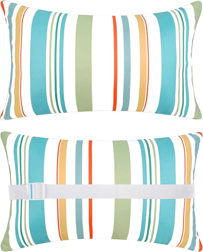 Adabana Outdoor Waterproof Pillow for Chaise Lounge Chair 2 Pack Floral Stripe Headrest Pillow Lumbar Adjustable Strap 12 x 16 Inch for Beach Poolside Patio Office Patio Garden,Stripe